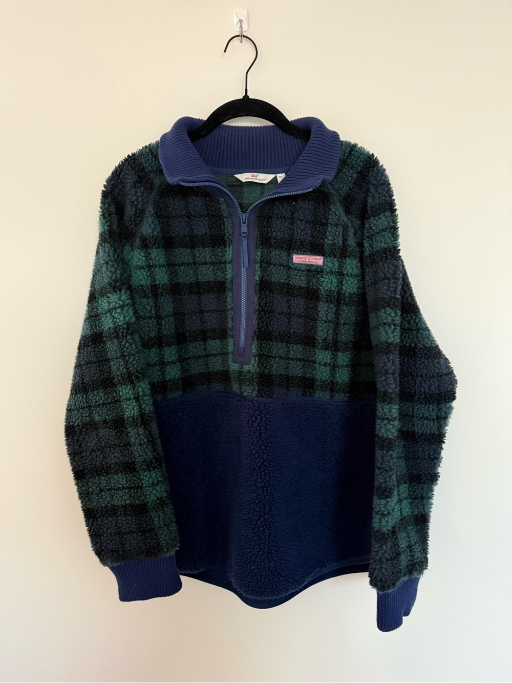 Vineyard Vines Green and Navy Plaid Half-Zip Sherpa Pullover Size Large